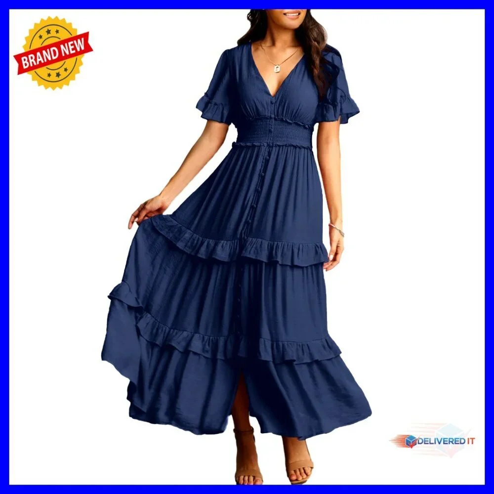 Long Sleeve V Neck Maxi Dress Boho A Line Summer Wedding Guest